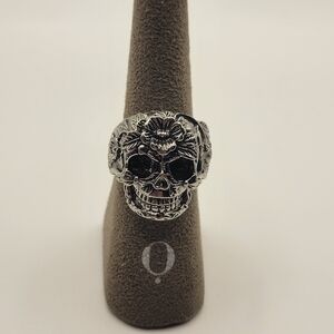 Modern Silver tone Unisex Skull with flowers ring